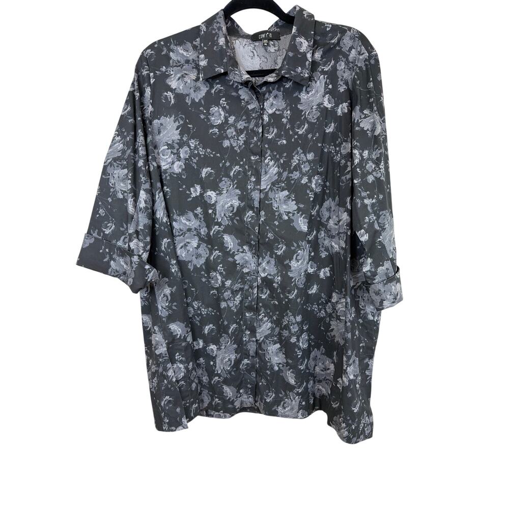 Comfy Black Gray Floral Cuffed Three Quarter Sleeve Tunic Top XL Made In USA
